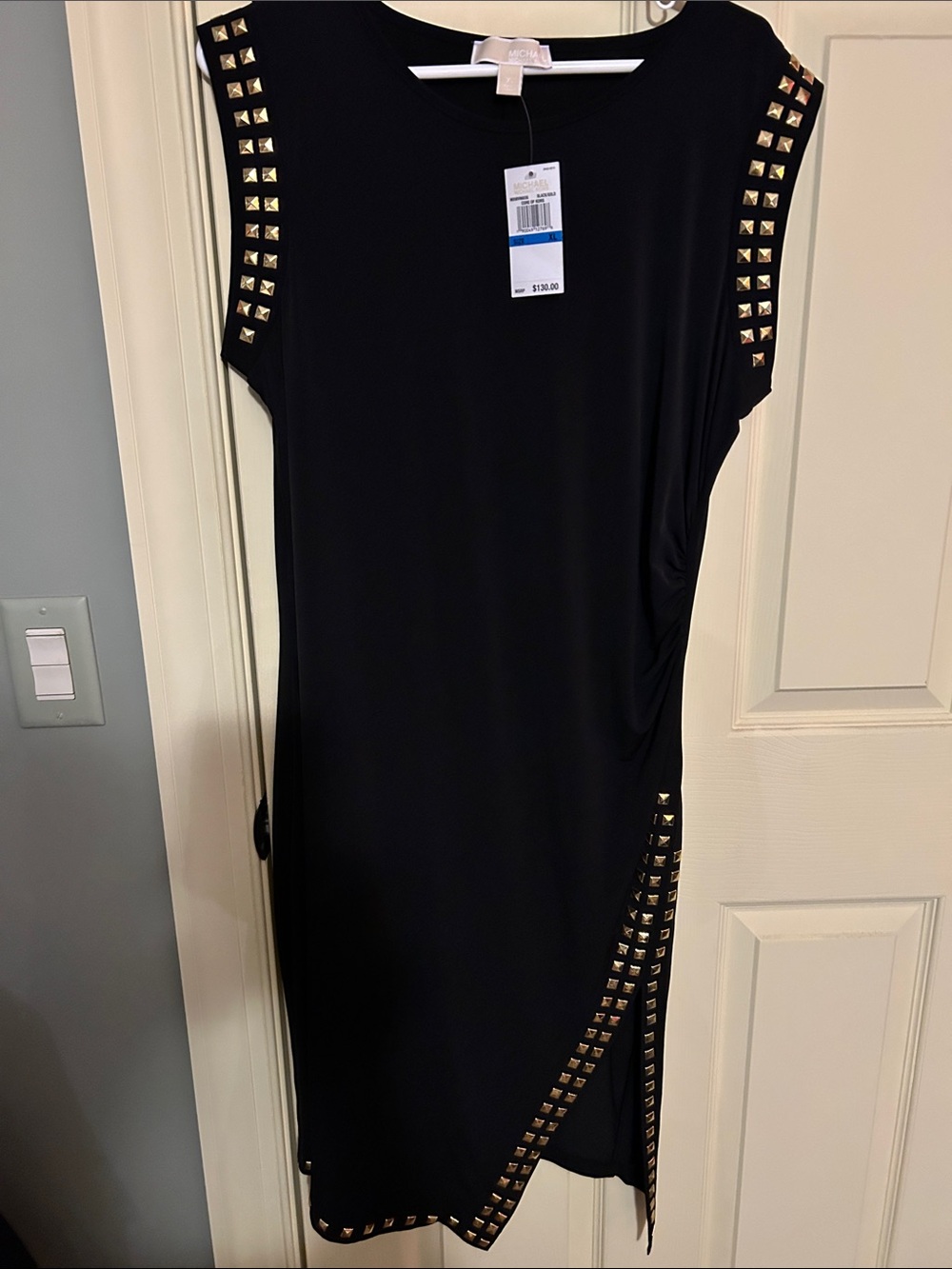 Michael Kors Black Midi Dress with Gold Stud Trim